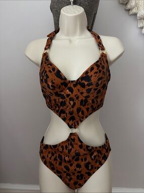 Freya 30 DDD Underwire Leopard Print Cutout One-Piece Swimsuit - Brown